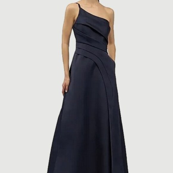 Kay Unger Midnight Blue Jillian One-Shoulder Pleated Taffeta Gown - Picture 1 of 7